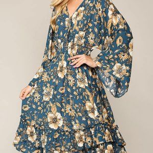 GIGIO Floral Print Dress with Bell Sleeve and Tiered Hem